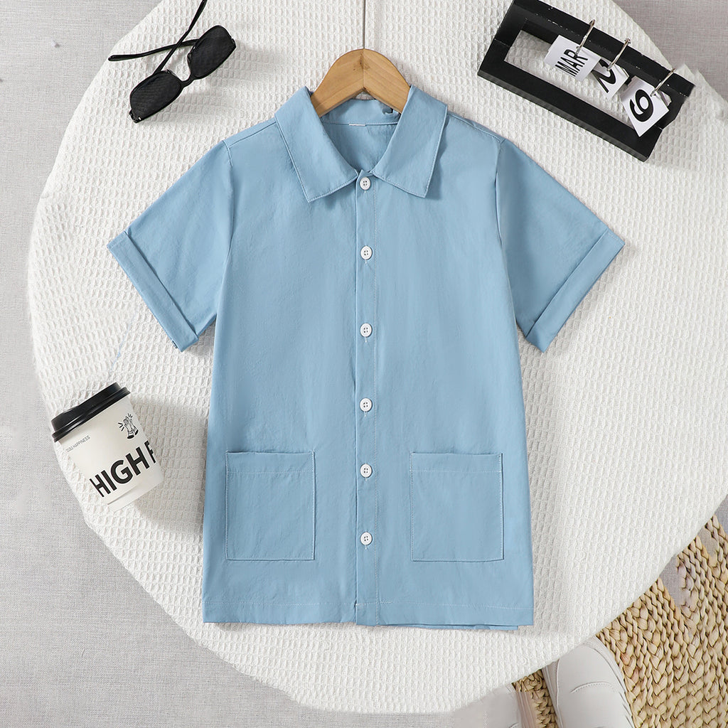 Boys Blue Short Sleeves Double Front Pockets Shirt Shirts Blue 7-8 Y