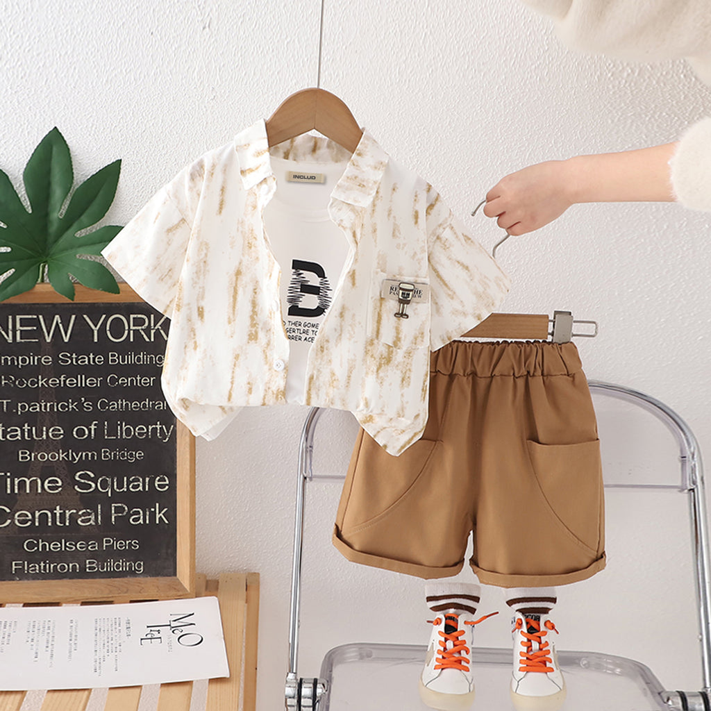 Boys Khaki Abstract Printed Shirt With Sleeveless Tee And Shorts Set 3 pc. Sets Khaki 1-2 Y