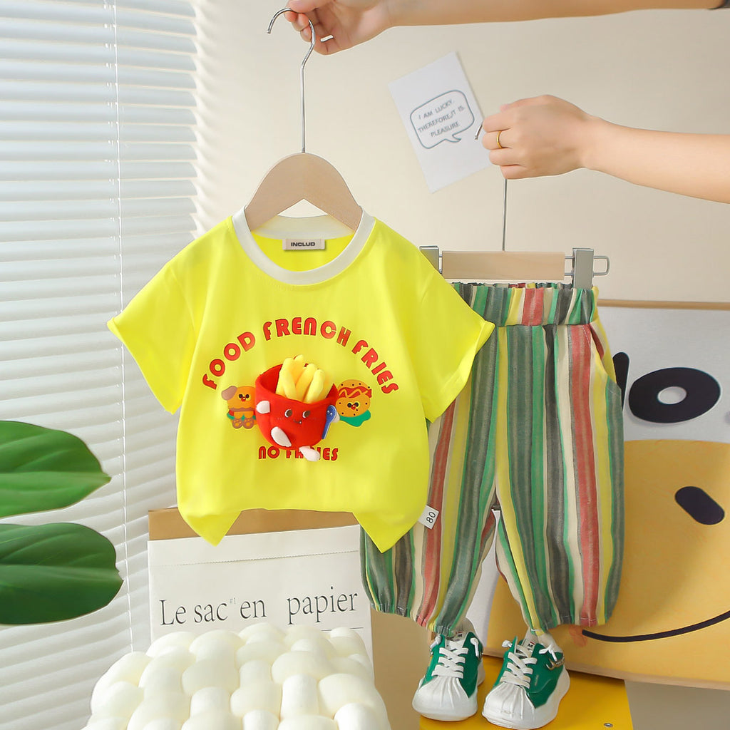 Boys Yellow Printed Short Sleeves T-Shirt With Striped Bermudas Set 2 pc. Sets Yellow 1-2 Y