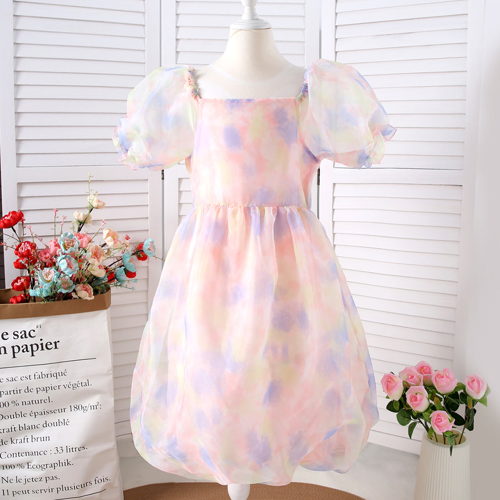 Girls Pink Puff Sleeve Square Neck Balloon Dress Casual Dresses Pink 8-9 Y