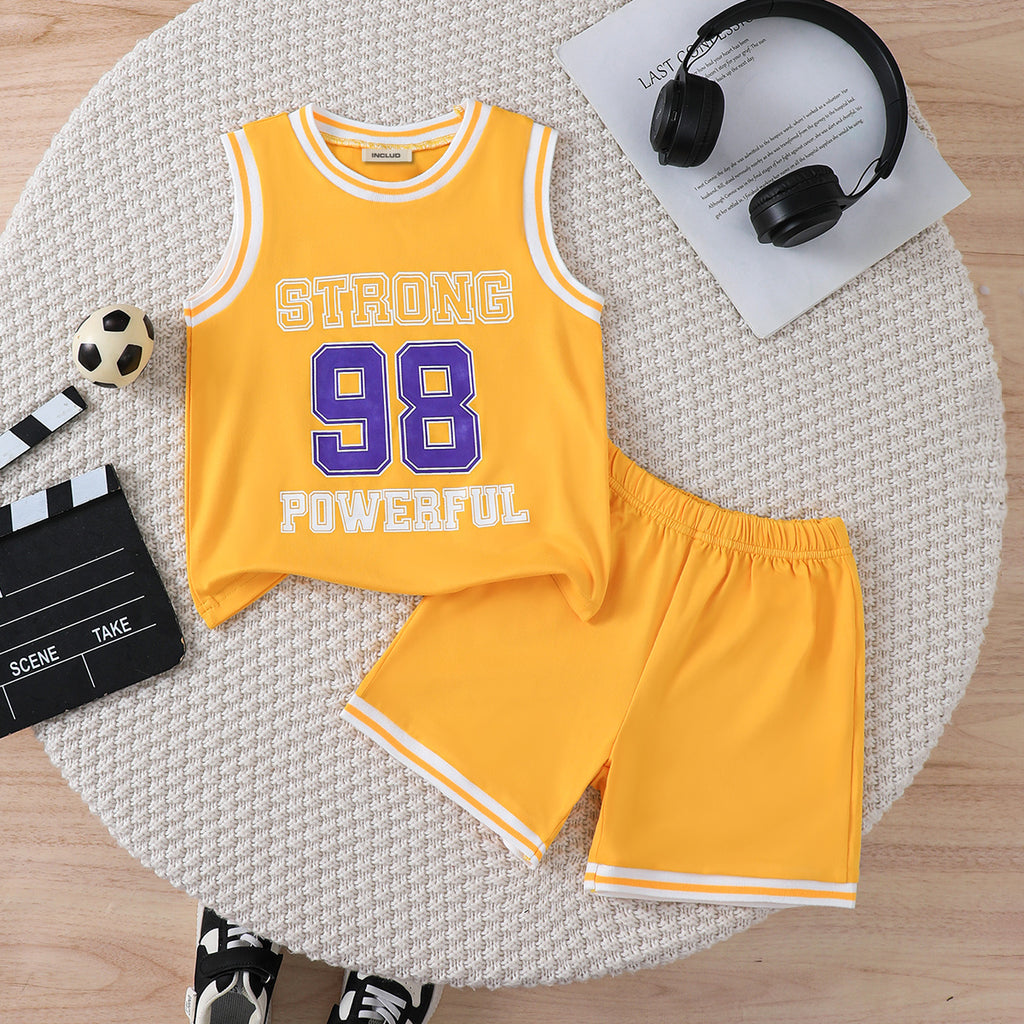 Boys Yellow Alphanumeric Printed Sleeveless T-Shirt With Shorts Summer Co-ord Set 2 pc. Sets Yellow 3-4 Y