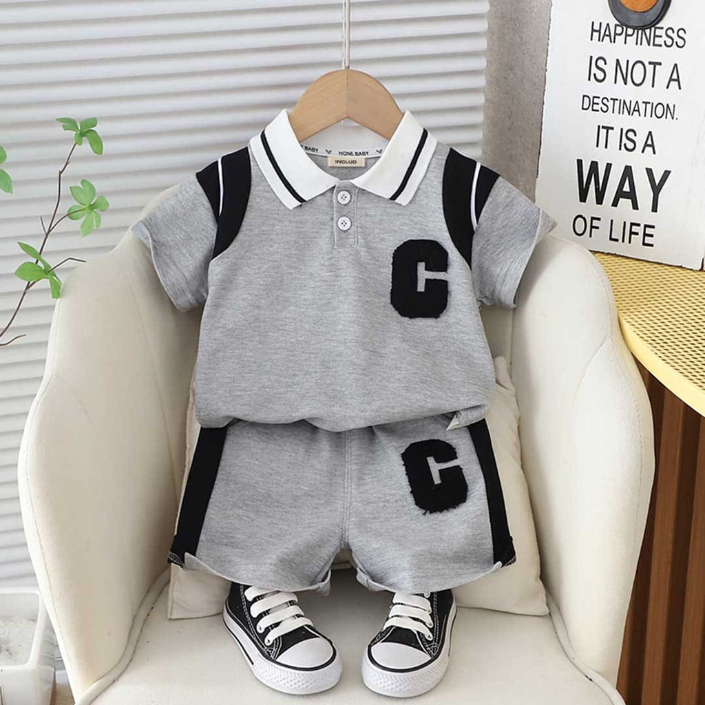 Boys Towel Embroidery Polo T-Shirt With Shorts Set 2 pc. Sets Gray 1-2 Y 