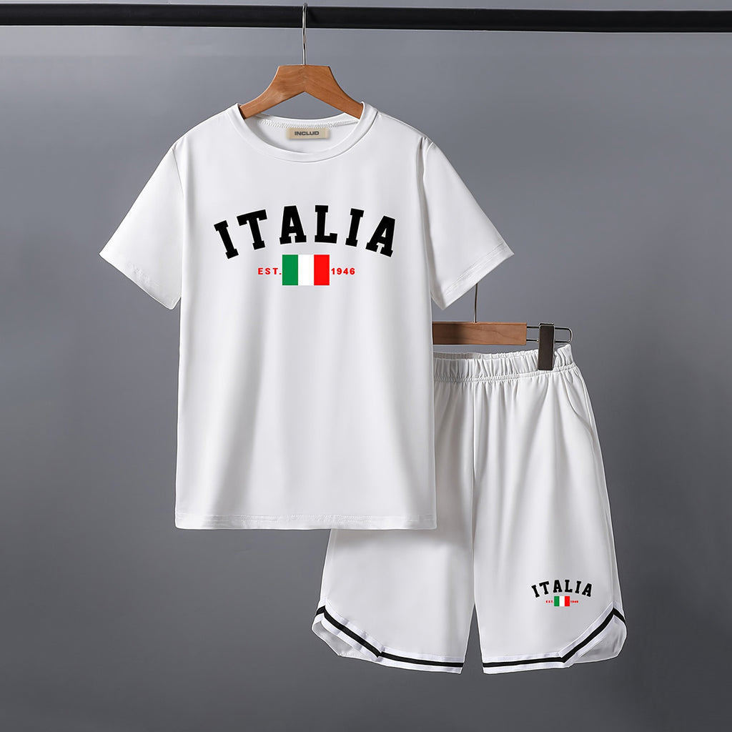 Boys White Typographic Print Shot Sleeve T-Shirt With Shorts Set 2 pc. Sets White 5-6 Y