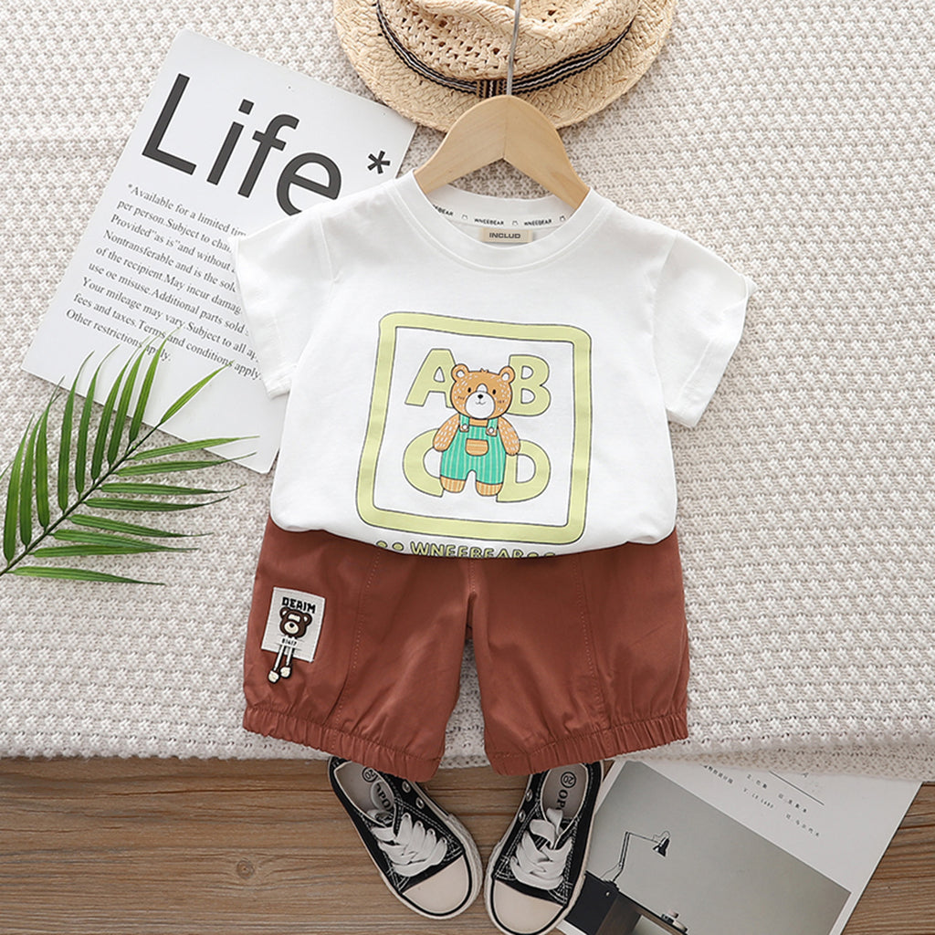 Boys White Teddy Print Short Sleeve T-Shirt With Elasticated Shorts Set 2 pc. Sets White 1-2 Y