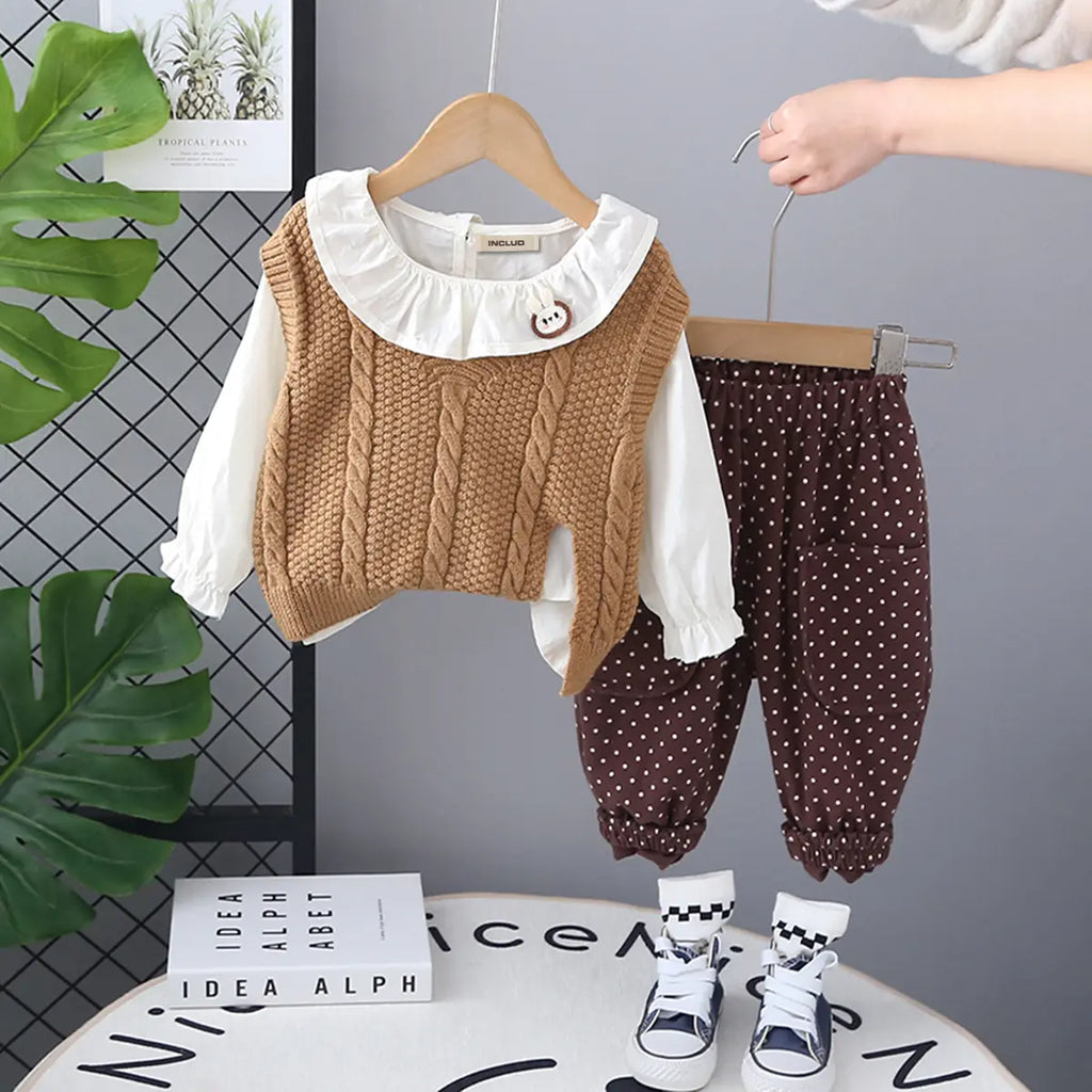 Girls Khaki Self-Design Sweater Vest With Top & Polka Printed Jogger Sets Sets Khaki 1-2 Y