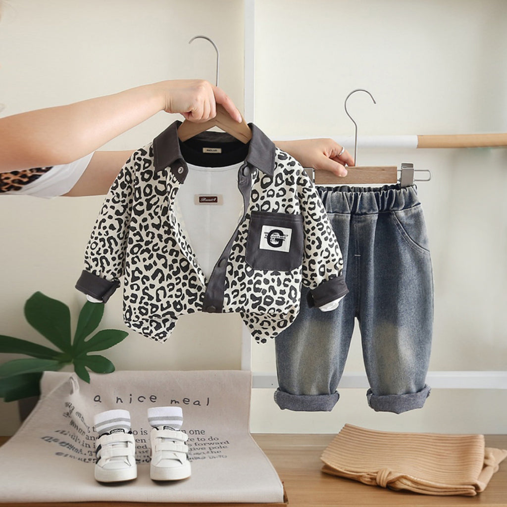 Boys Grey Animal Print Shirt With T-Shirt And Denim Trousers Sets 3 pc. Sets Grey 1-2 Y