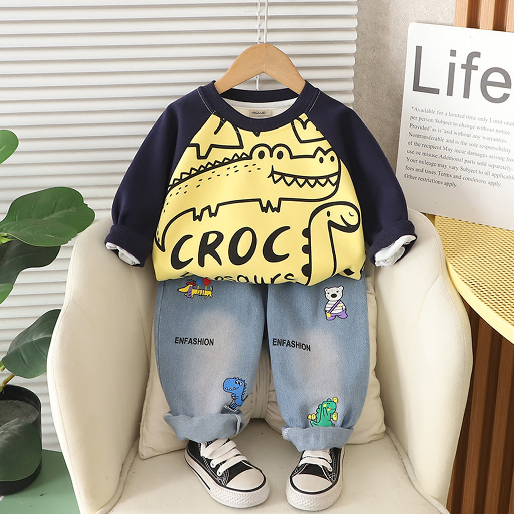 Boys Yellow Crocodile Printed Winter Sweatshirt With Denim Pants Set 2 pc. Sets Yellow 1-2 Y