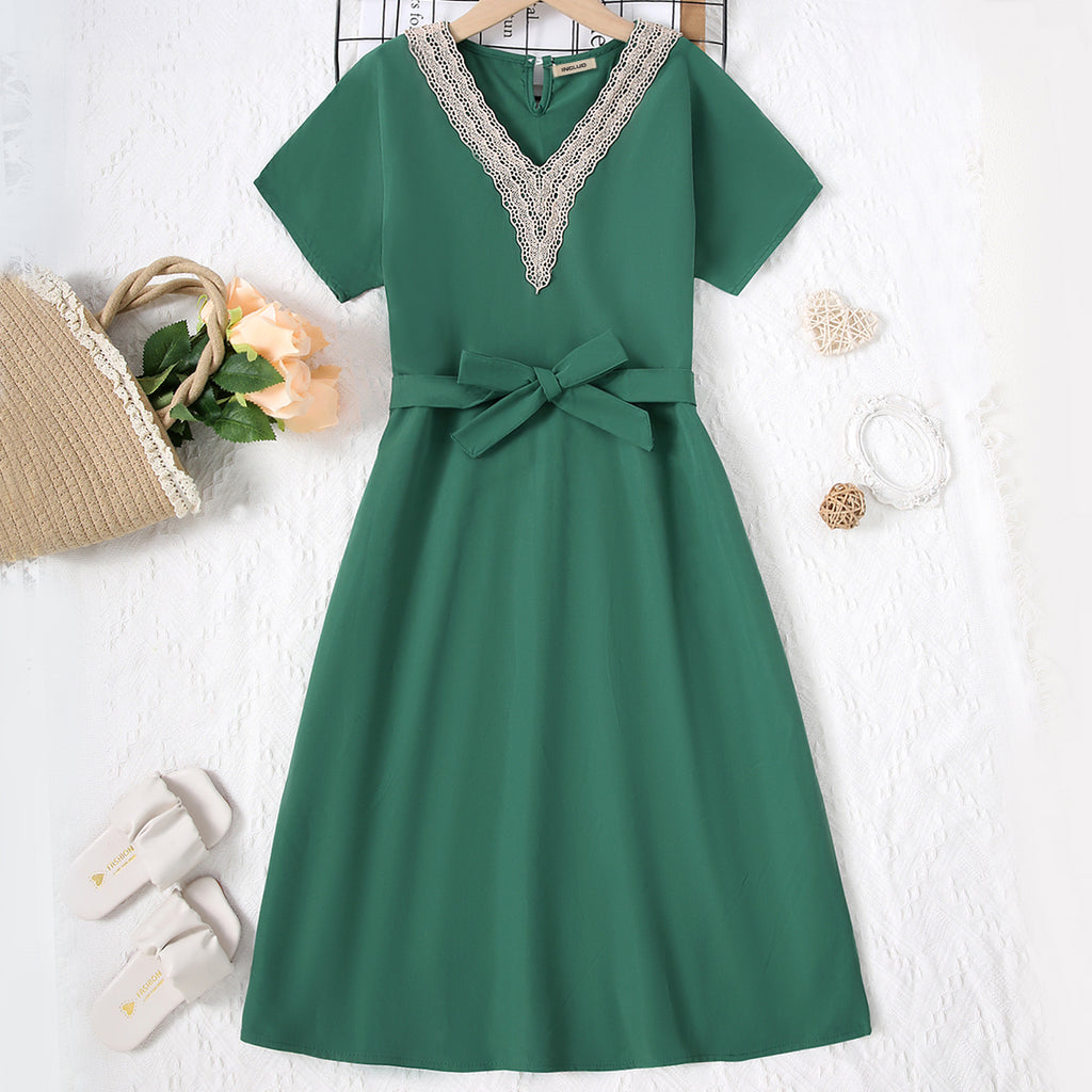 Girls Green Short Sleeves Lace V-Neck Dress Casual Dresses Green 7-8 Y