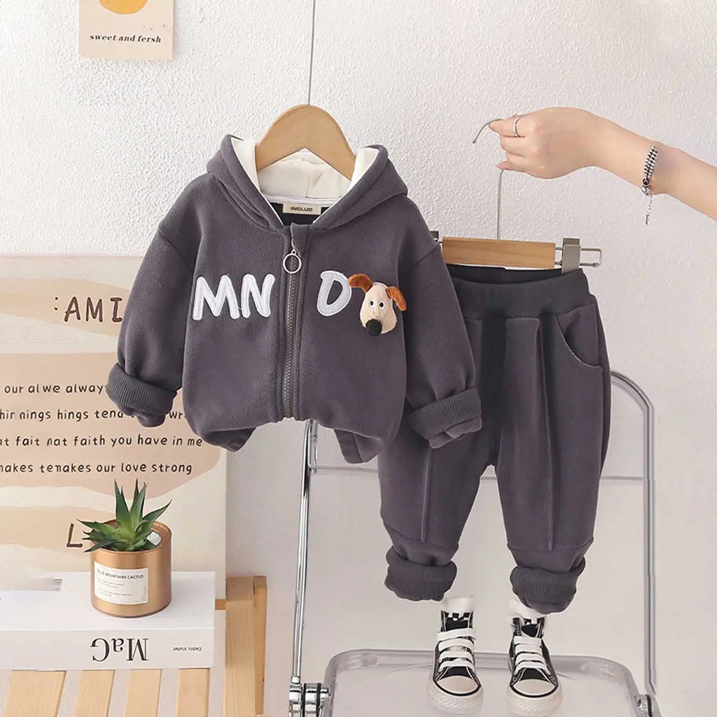 Boys Grey Letters Embroidered Fleece Hooded Zipper Jacket With Jogger Co-ord Sets Sets Grey 1-2 Y