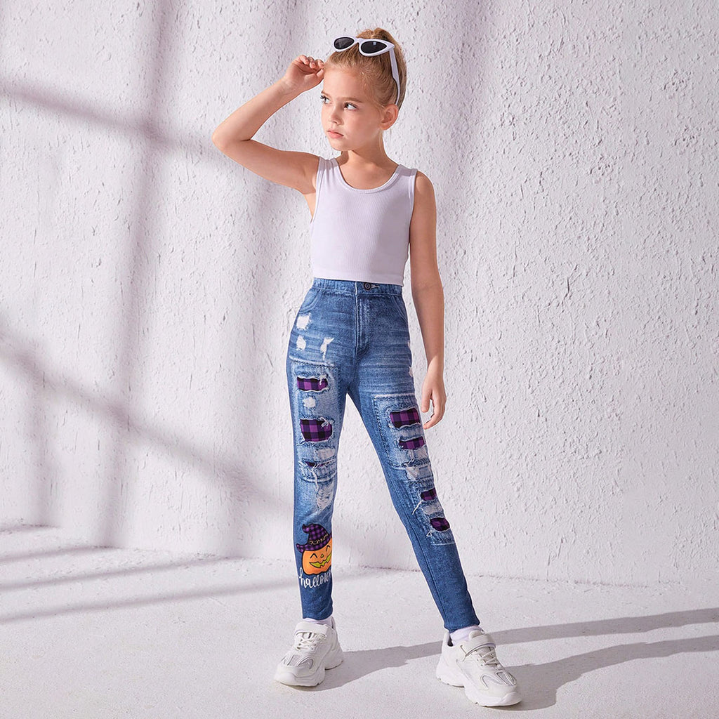 Girls Blue Distressed Denim Look Leggings Leggings & Tights Blue 7-8 Y