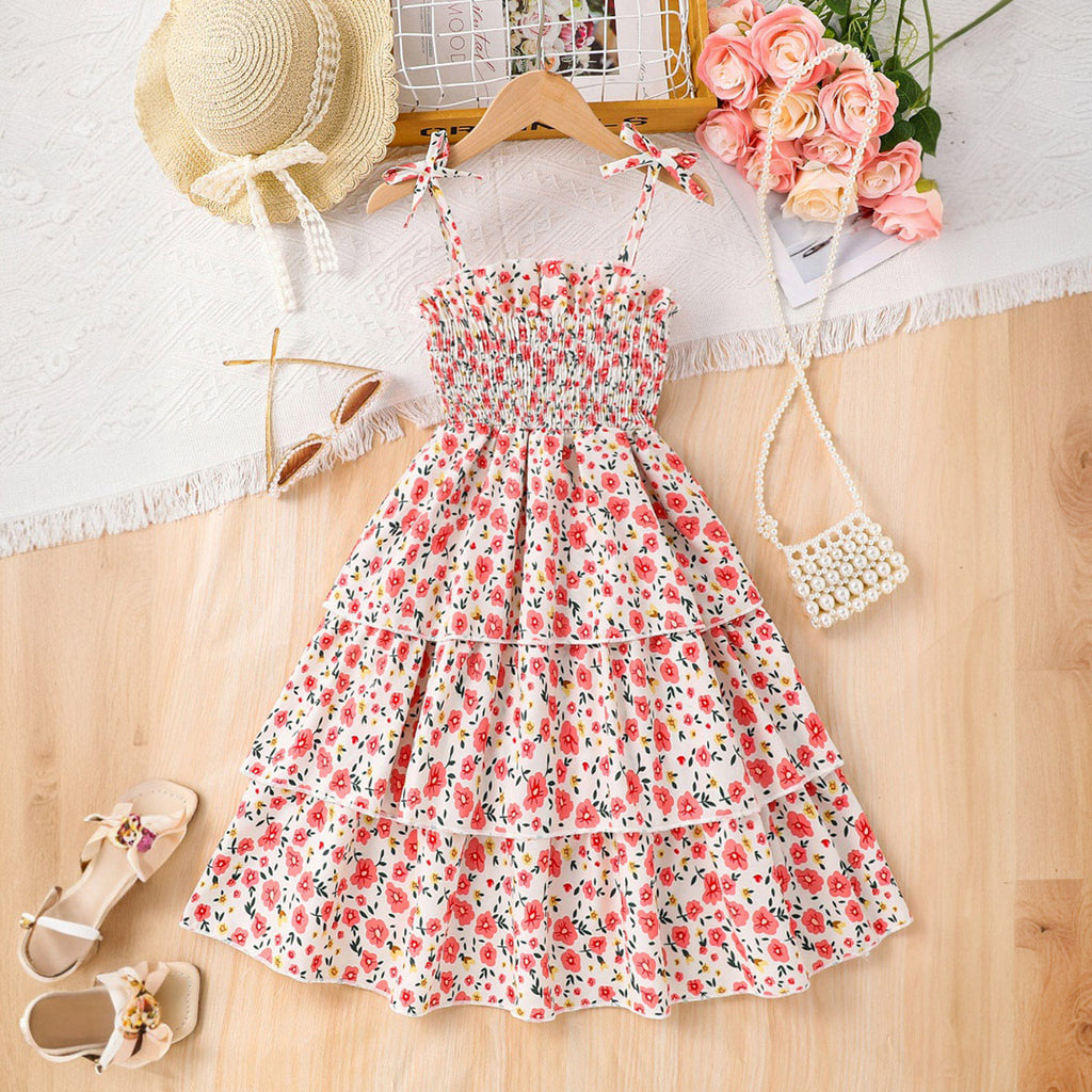 Girls Pink Floral Printed Sleeveless Smocked Fit And Flared Summer Dress Casual Dresses Pink 3-4 Y