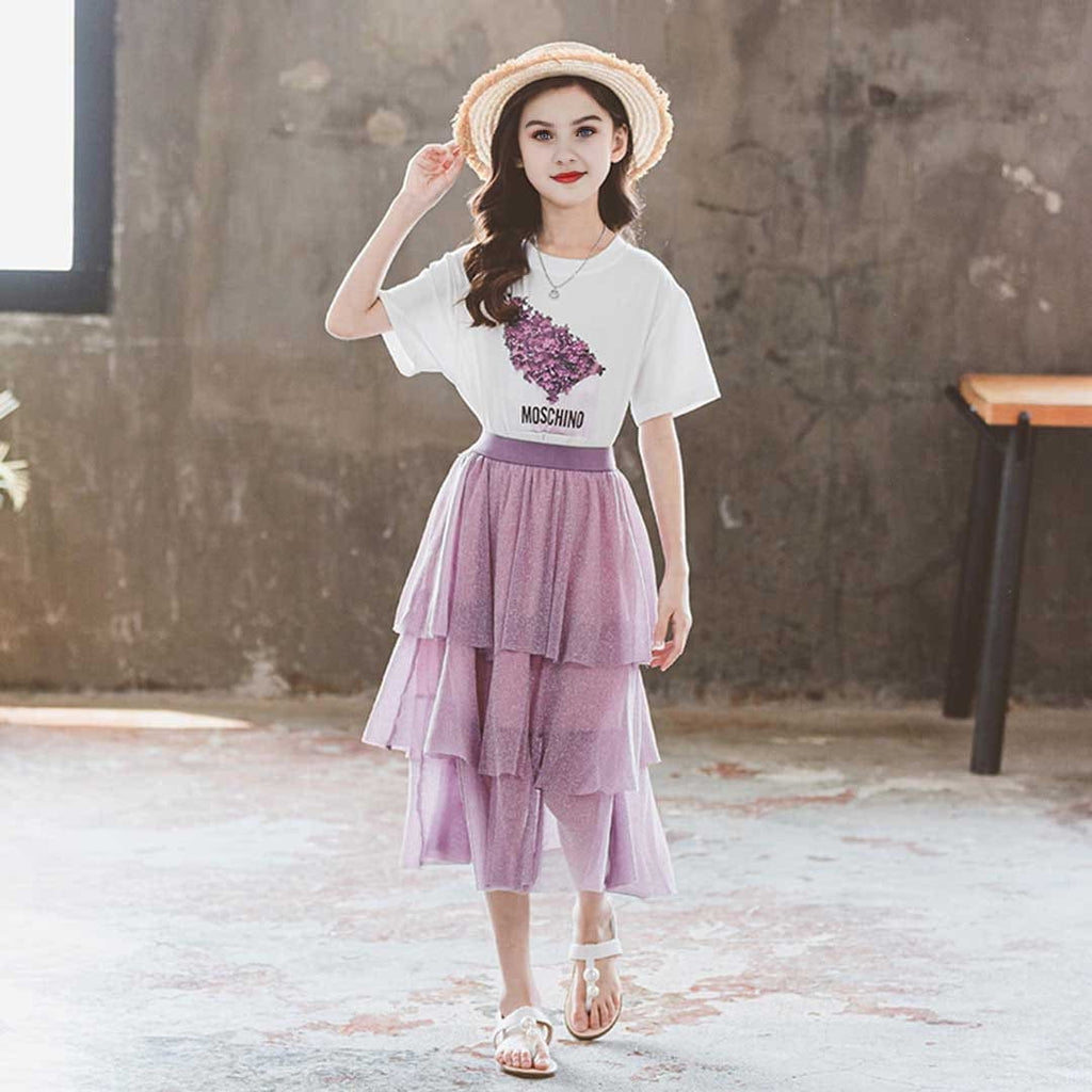 Girls Short Sleeve Graphic Print T-Shirt With Long Skirt Set 2 pc. Sets White 3-4 Y 