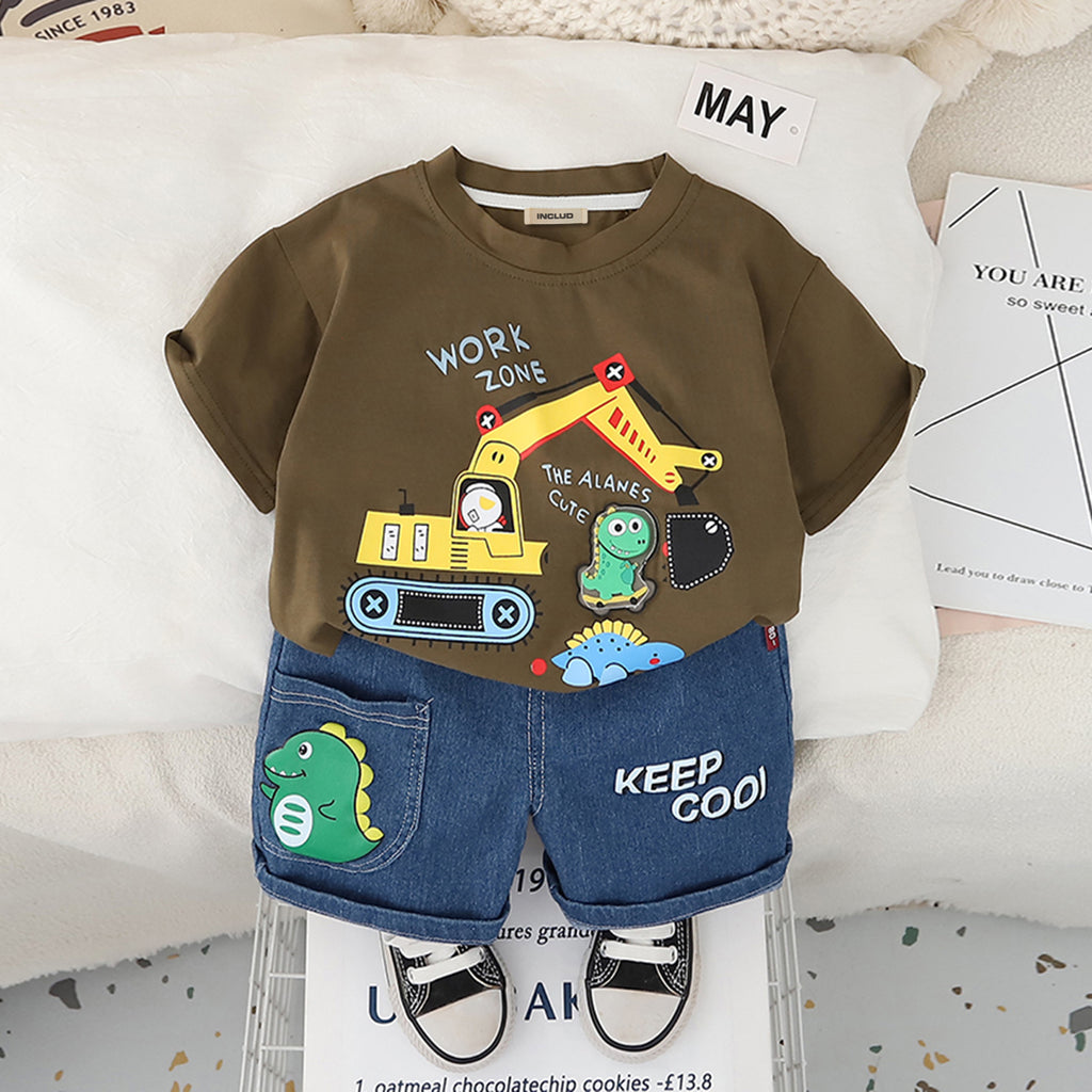 Boys Brown Excavator Printed T-Shirt With Denim Shorts Set 2 pc. Sets Brown 1-2 Y