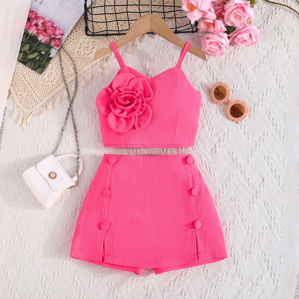 Girls Fuchsia Flower Appliqued Top With Skorts Set 2 pc. Sets Fuchsia 1-2 Y