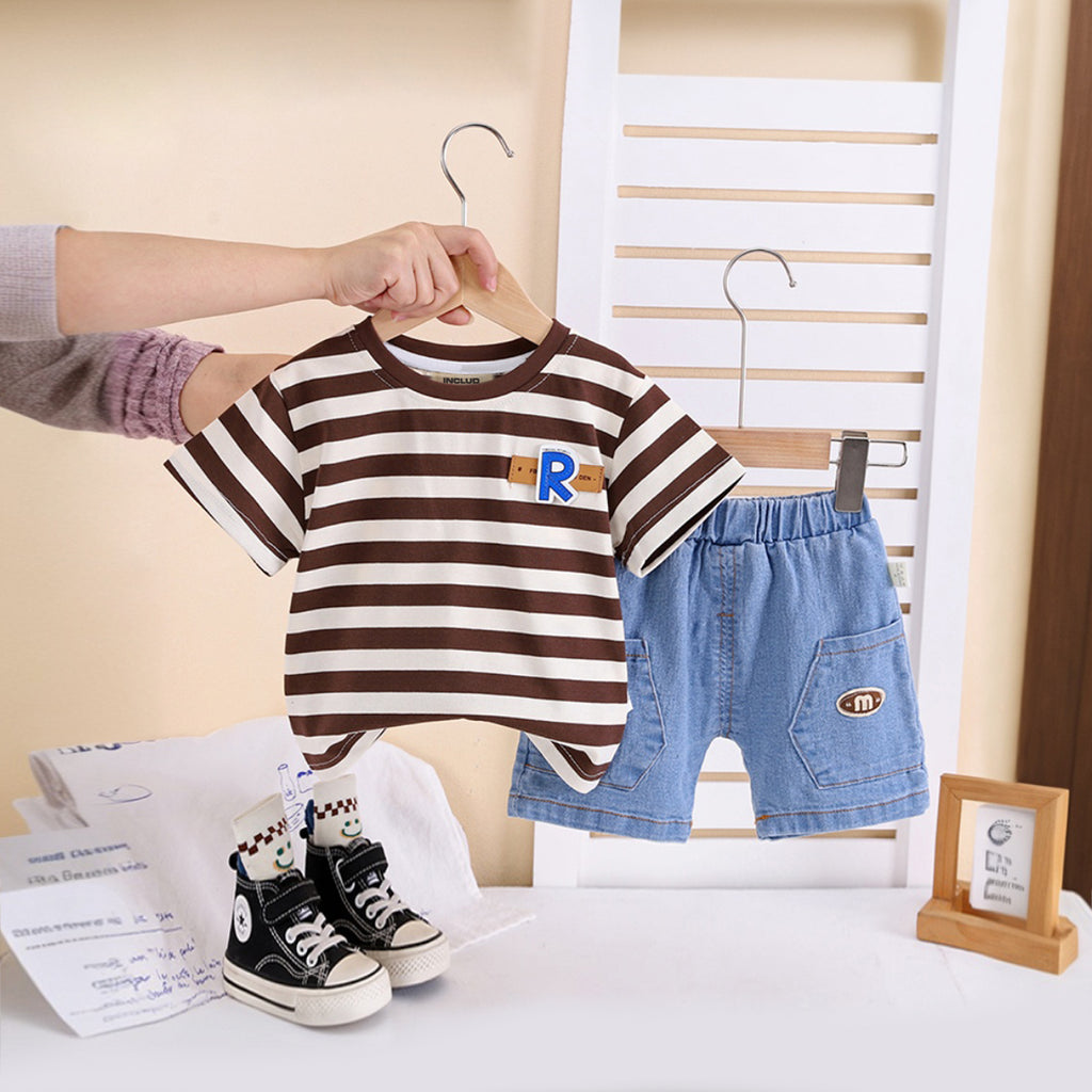 Boys Dark Brown Striped T-Shirt With Denim Shorts Set 2 pc. Sets Dark Brown 1-2 Y