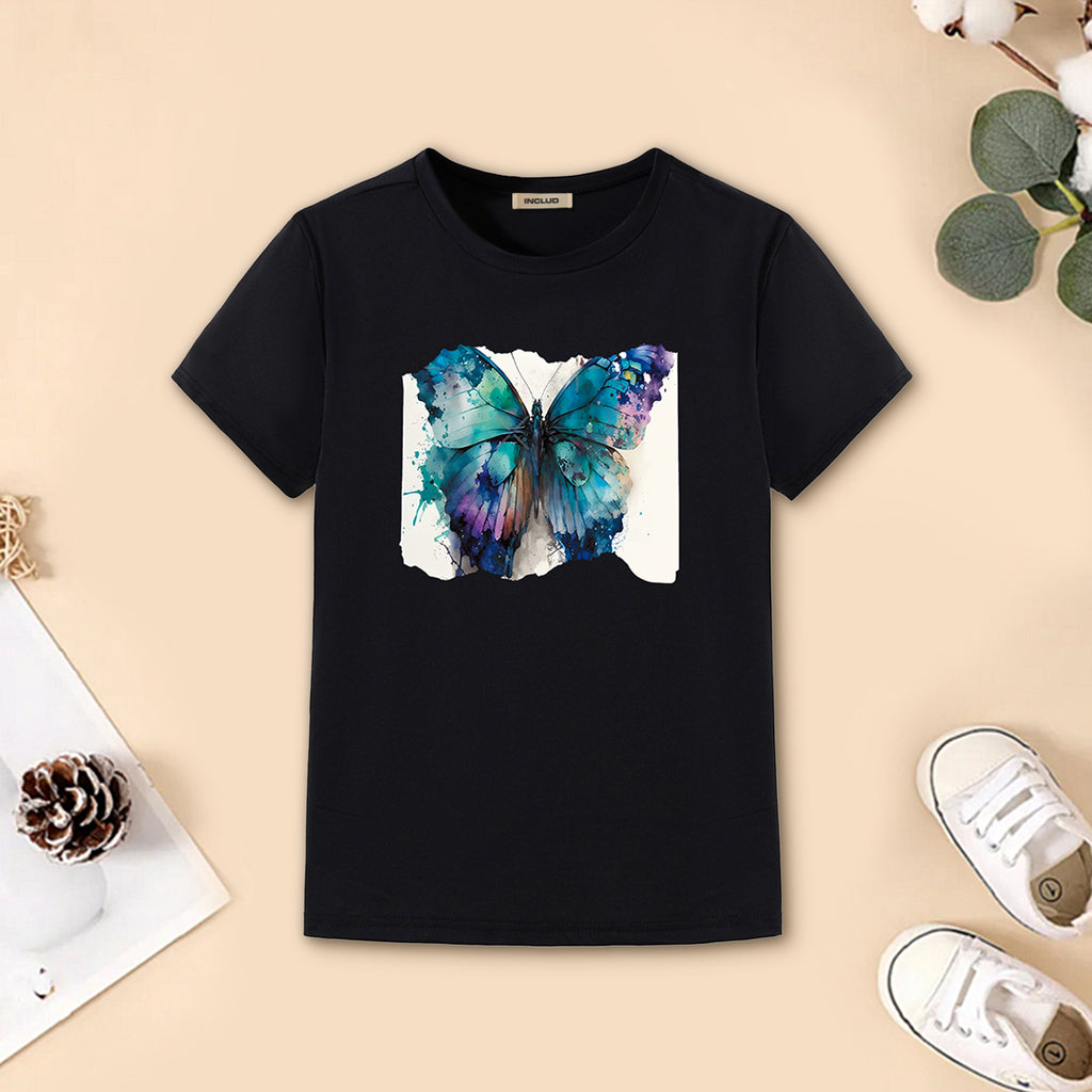 Girls Black Butterfly Printed Short Sleeves T-Shirt Tshirts Black 7-8 Y