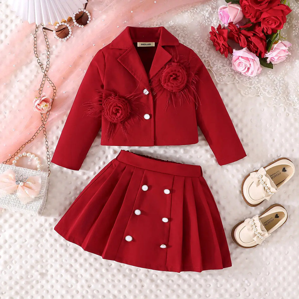 Girls Red Flowers Applique Crop Blazer With Pleated Skirt Co-ord Sets Sets Red 2-3 Y