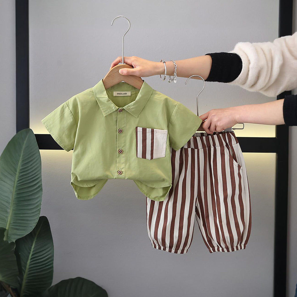 Boys Short Sleeve Shirt With Striped Shorts 2 pc. Sets Green 1-2 Y 