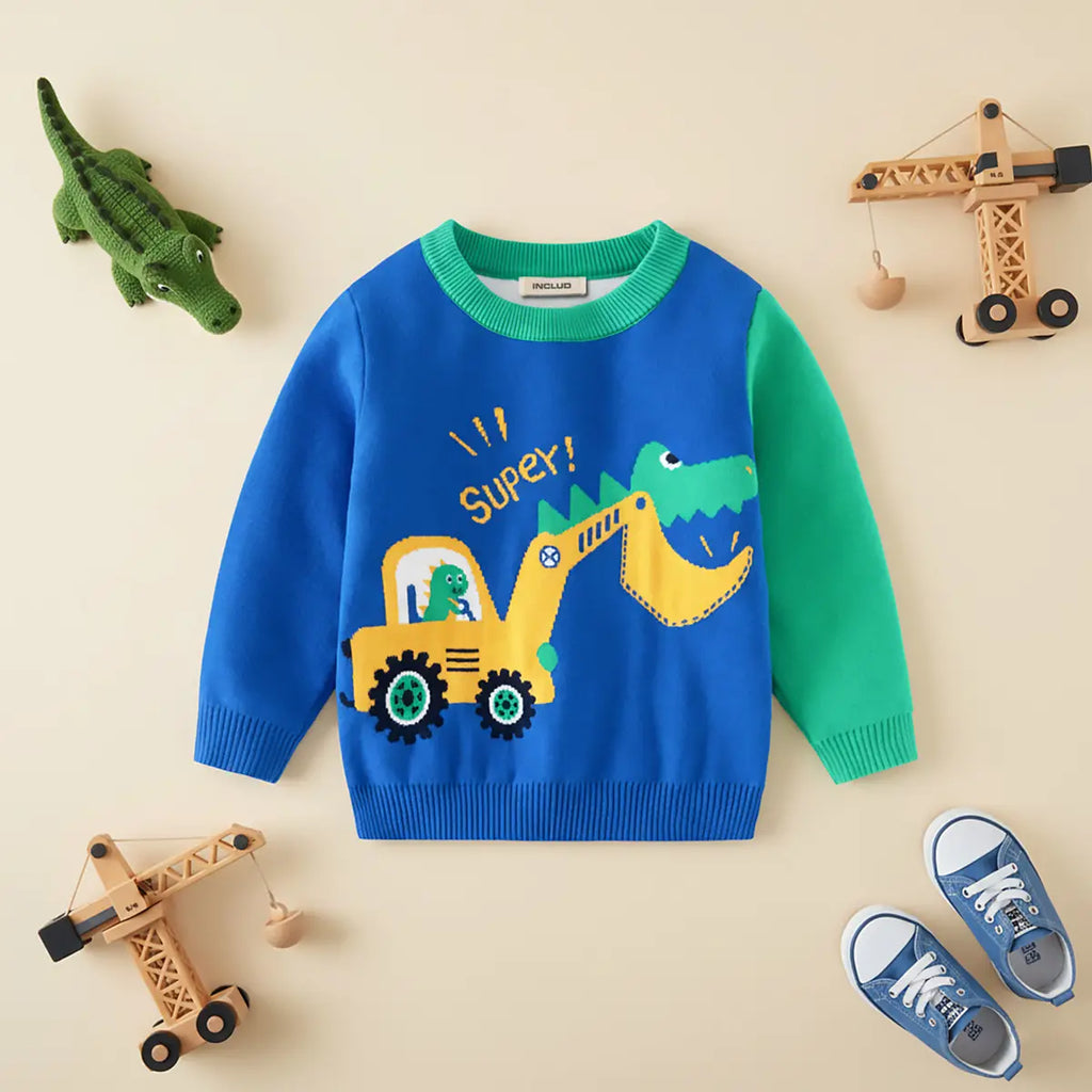 Boys Blue Sweater With Self-Design Excavator Pattern Sweaters & Cardigans Blue 2-3 Y