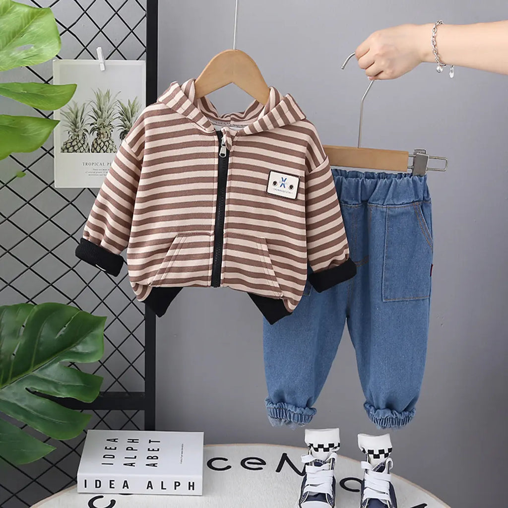 Boys Brown Stripes Hooded Zipper Jacket With Denim Jogger Sets Sets Brown 1-2 Y
