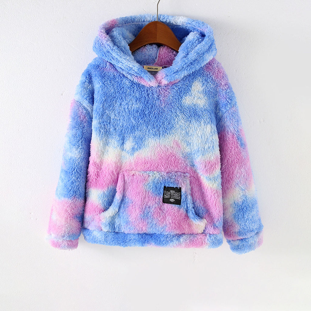 Girls Blue Tie Dye Printed Hooded Neck Pullover Winter Sweatshirt Sweatshirts & Hoodies Blue 7-8 Y