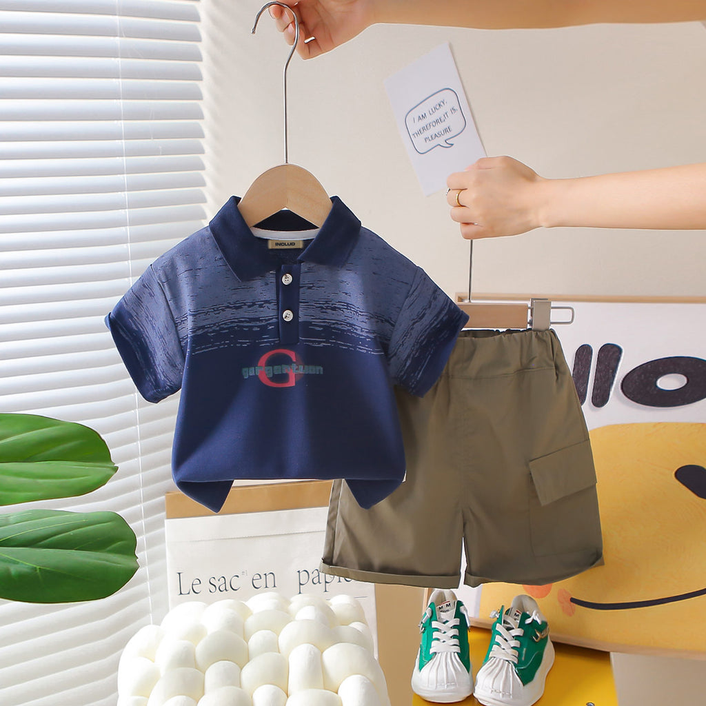 Boys Navy Blue Abstract Printed Short Sleeves Polo T-Shirt With Shorts Set 2 pc. Sets Navy Blue 1-2 Y