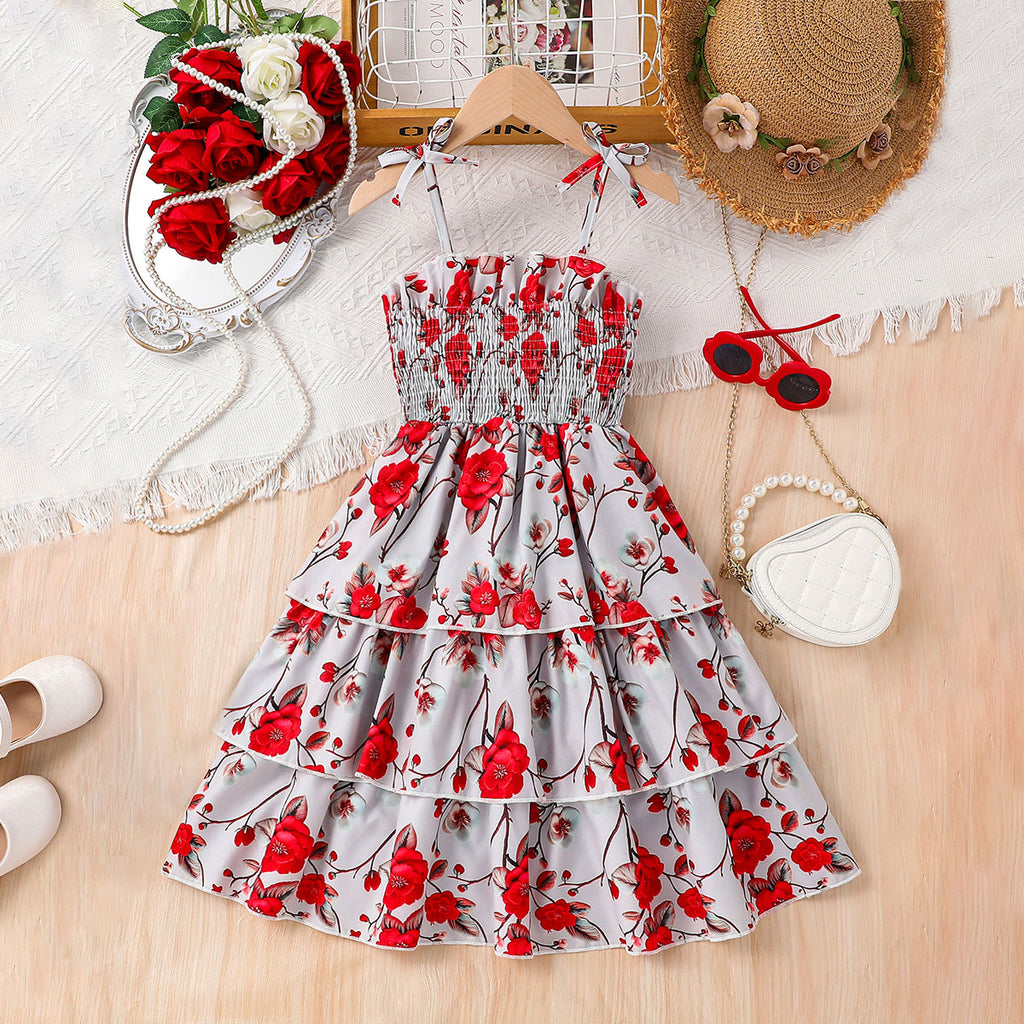 Girls Red Floral Printed Sleeveless Smocked Fit & Flare Dress Casual Dresses Red 3-4 Y