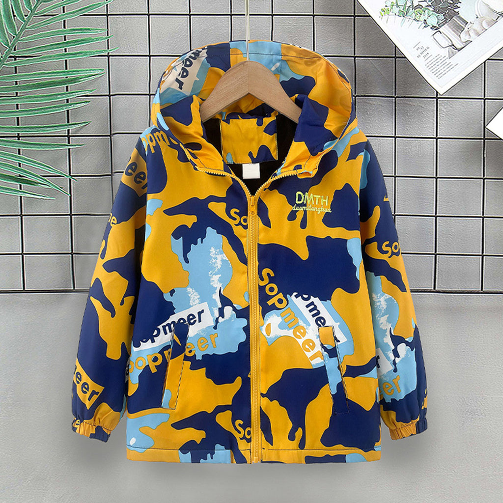 Boys Yellow Abstract Printed Hooded Zipper Jacket Coats & Jackets Yellow 3-4 Y