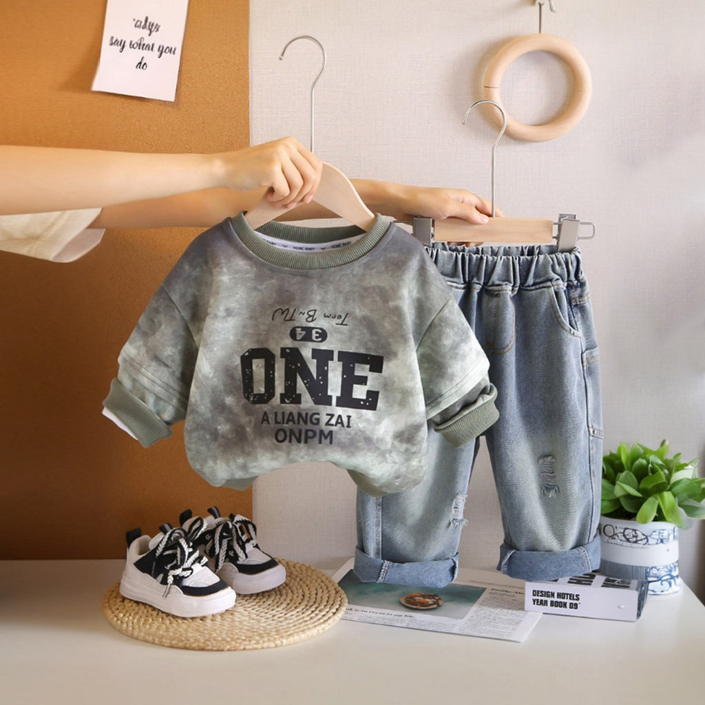 Boys Dark Grey Tie And Dye Printed Sweatshirt With Denim Trousers Sets 2 pc. Sets Dark Grey 1-2 Y