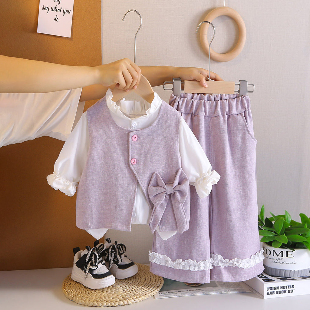 Girls Purple Textured Sleeveless Jacket With Top & Pants Set Sets Purple 1-2 Y