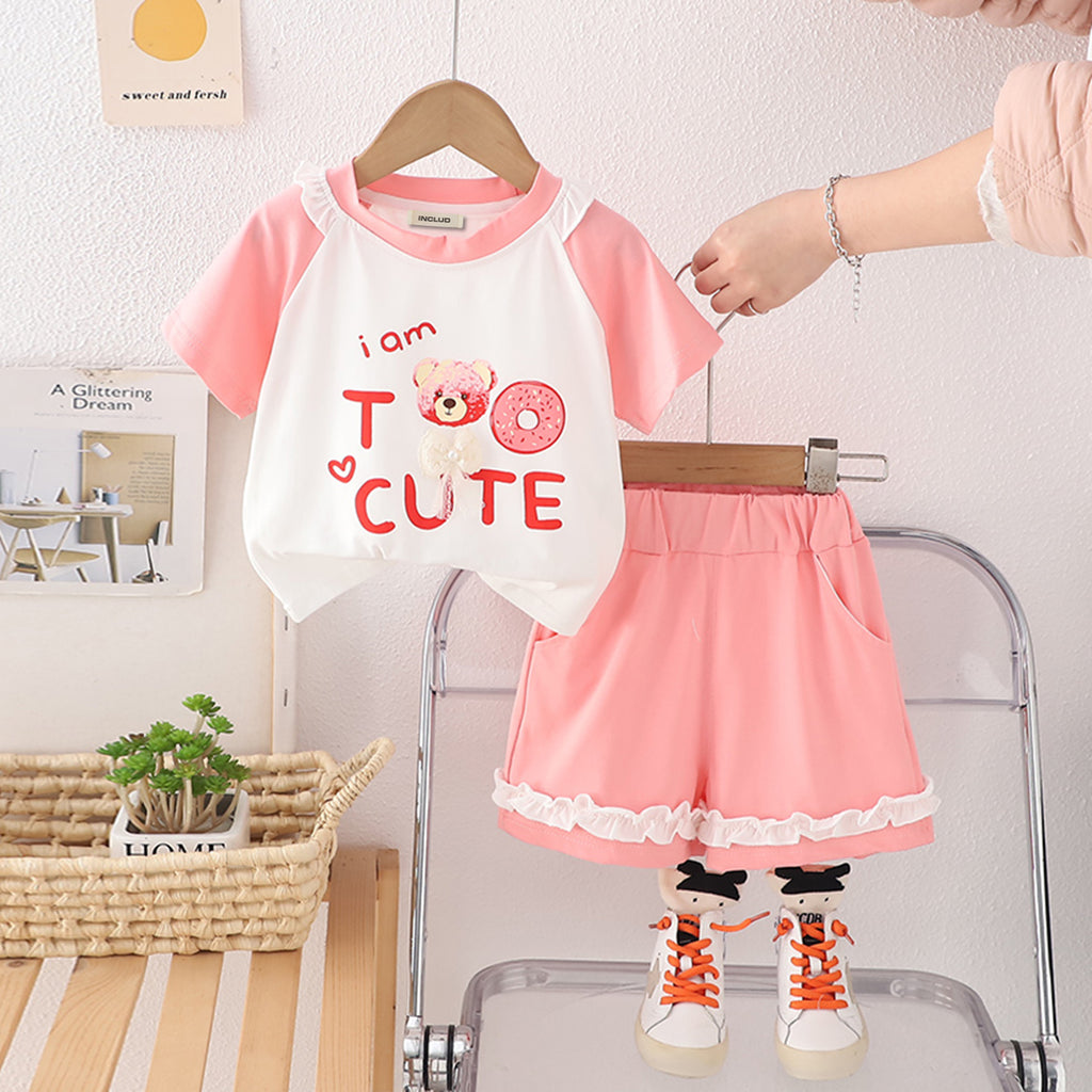 Girls Pink Printed Raglan Sleeves T-Shirt With Ruffled Shorts Set 2 pc. Sets Pink 1-2 Y