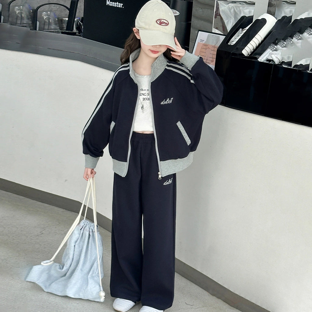 Girls Black Side Striped Zip-up Jacket With Pants Sets Sets Black 5-6 Y