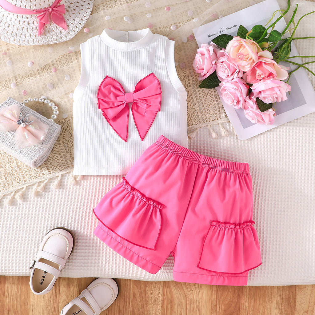 Girls Pink Side Frilled Shorts With Pink Bow Sleeveless Top Set 2 pc. Sets Pink 2-3 Y