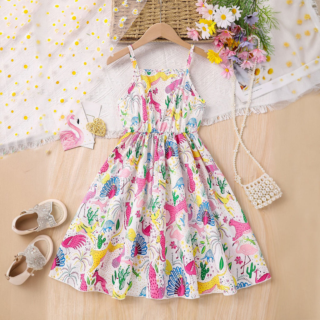 Girls Multicolor Flora & Fauna Print Sleeveless Fit & Flare Dress Casual Dresses Multicolor 3-4 Y