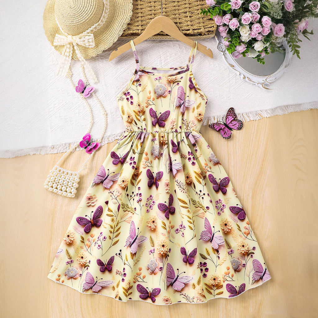Girls Apricot Butterfly Print Sleeveless Fit & Flare Casual Dress Casual Dresses Apricot 3-4 Y