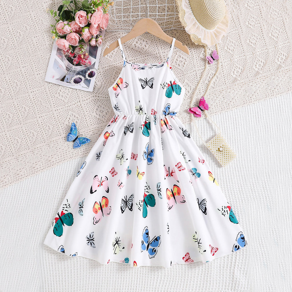 Girls White Butterfly Print Sleeveless Fit & Flare Casual Dress Casual Dresses