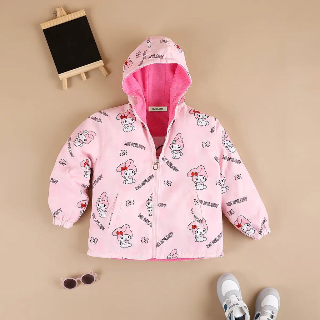 Girls Light Pink Typographic Reversible Printed Hooded Zipper Jacket Coats & Jackets Light Pink 3-4 Y