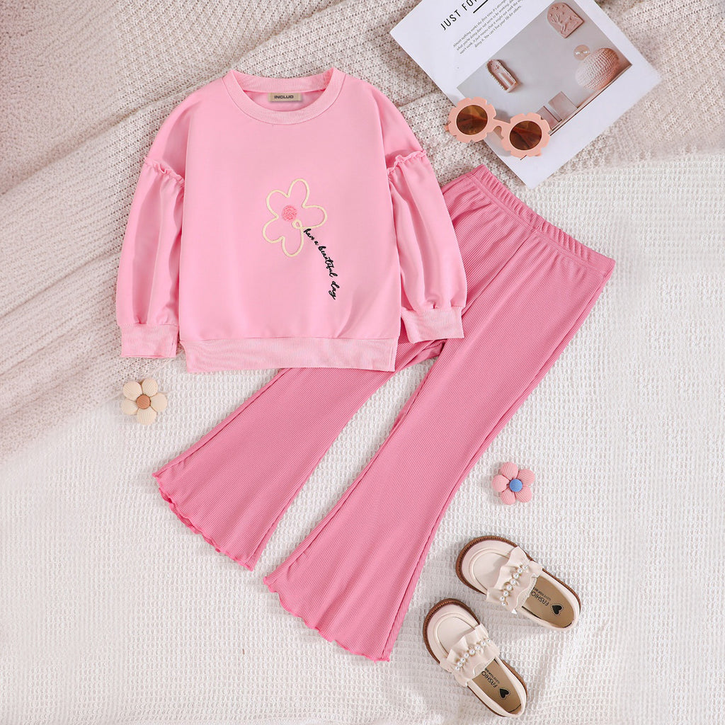 Girls Pink Embroidered Sweatshirt With Flared Hem Pants set 2 pc. Sets Pink 3-4 Y