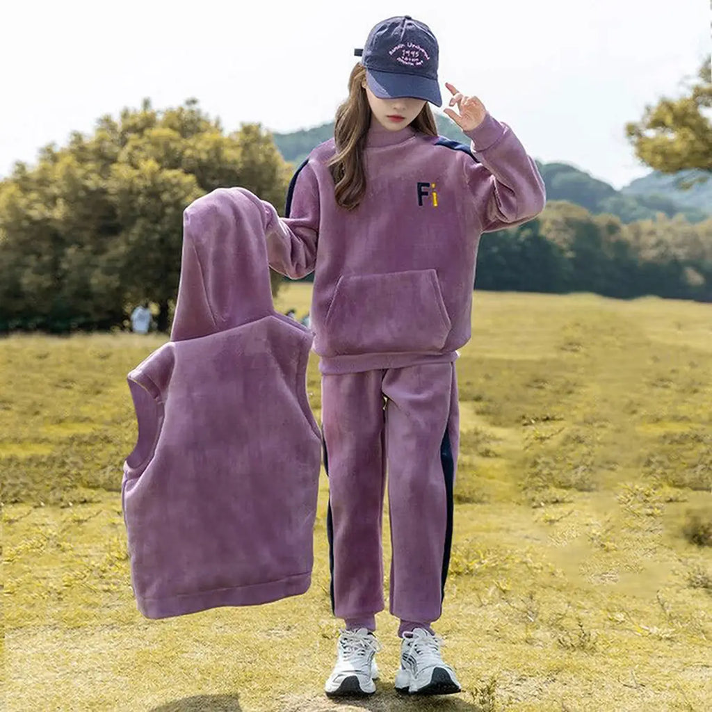 Girls Purple Fi Letters Printed Sweatshirt With Hooded Vest & Jogger Co-ord Sets Sets Purple 5-6 Y