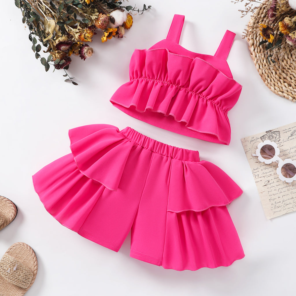 Girls Fuchsia Sleeveless Ruffle Top With Shorts Set 2 pc. Sets Fuchsia 2-3 Y