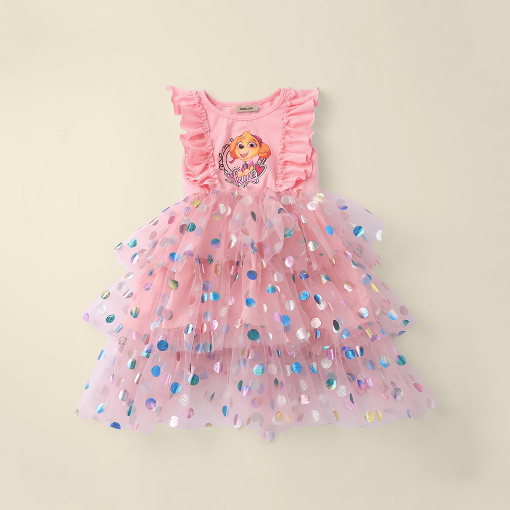 Girls Pink Printed Semi-Casual Polka Dot Tiered Tulle Dress Casual Dresses Pink 1-2 Y