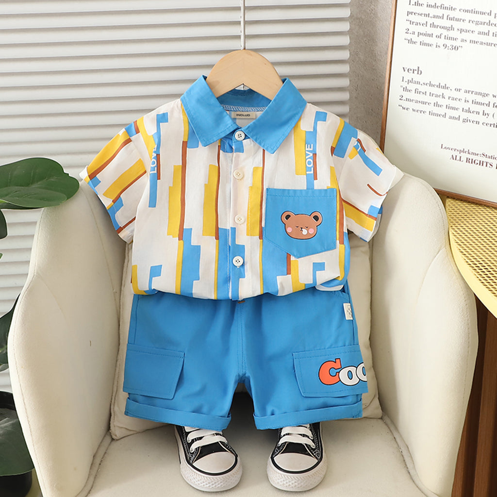 Boys Sky Blue Printed Short Sleeves Shirt With Shorts Set 2 pc. Sets Sky Blue 1-2 Y