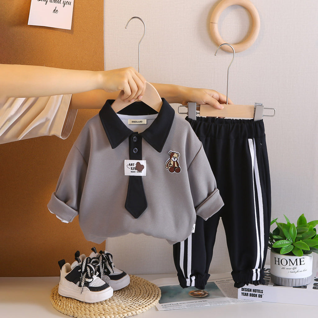 Boys Grey Solid Polo Neck Sweatshirt With Joggers Set 2 pc. Sets Grey 1-2 Y