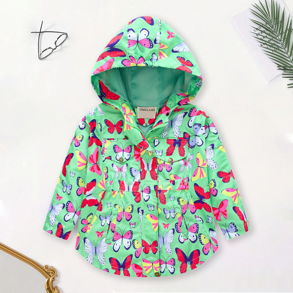 Girls Green Butterfly Printed Front Zipper Hooded Jacket Coats & Jackets Green 2-3 Y