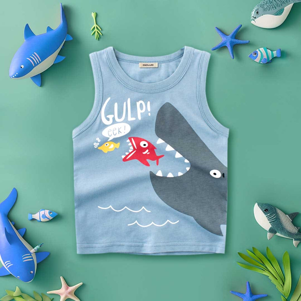 Boys Shark Print Sleeveless Vest Vests Blue 1-2 Y 
