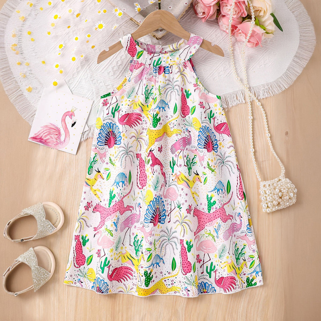 Girls Multicolor Flora & Fauna Print Sleeveless Halter Neck A-Line Dress Casual Dresses Multicolor 5-6 Y