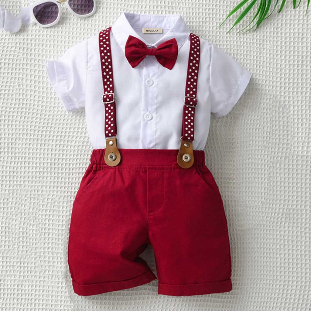 Boys Short Sleeve Shirt With Suspender Shorts Set 2 pc. Sets Red 1-2 Y 