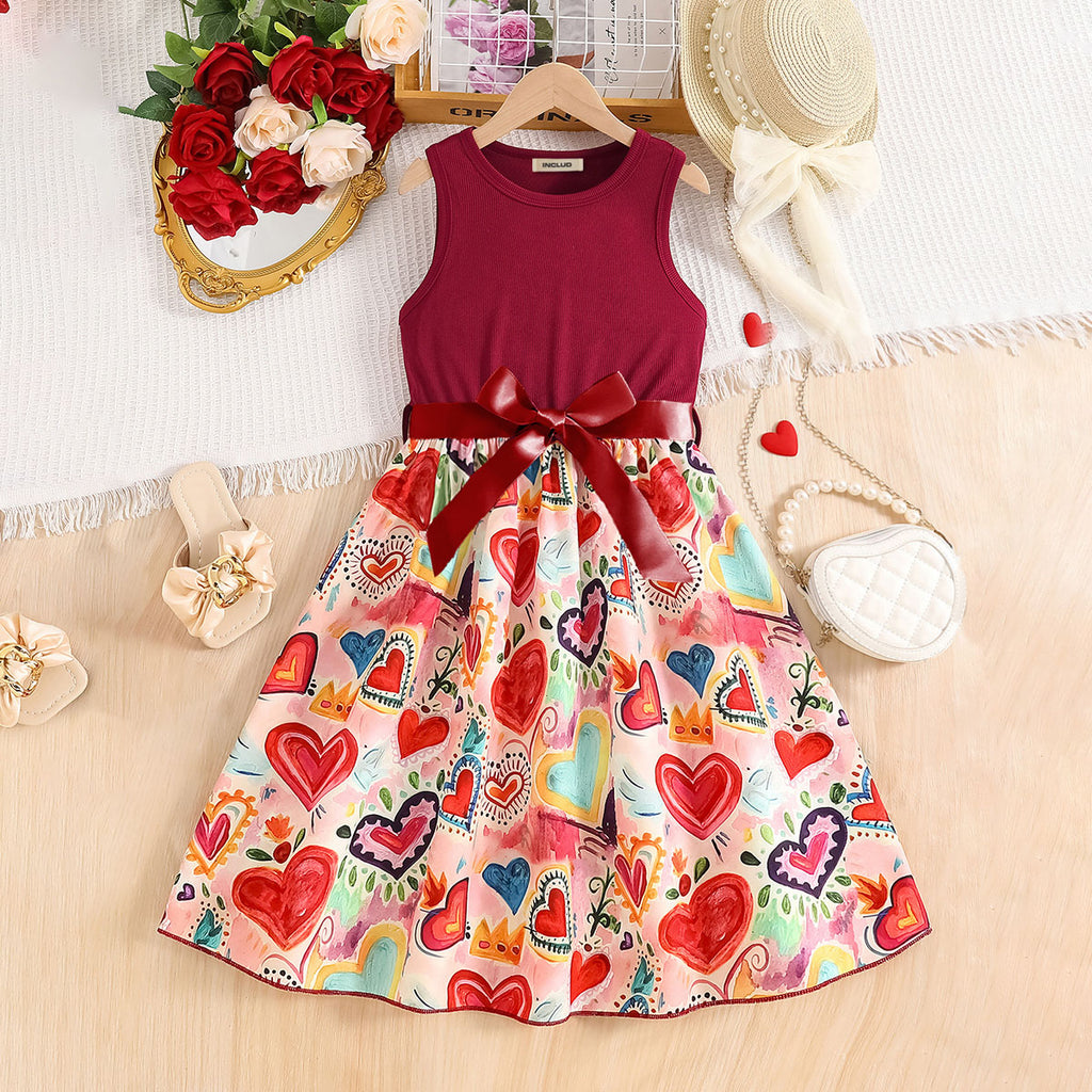 Girls Maroon Heart Printed Fit And Flared Midi Casual Dress Casual Dresses Maroon 3-4 Y
