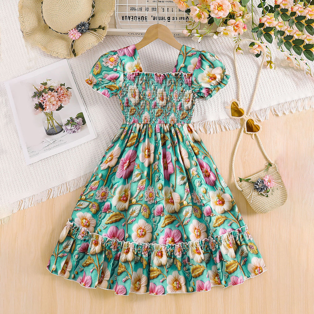 Girls Green Floral Print Smocked Summer Midi Dress Casual Dresses Green 3-4 Y