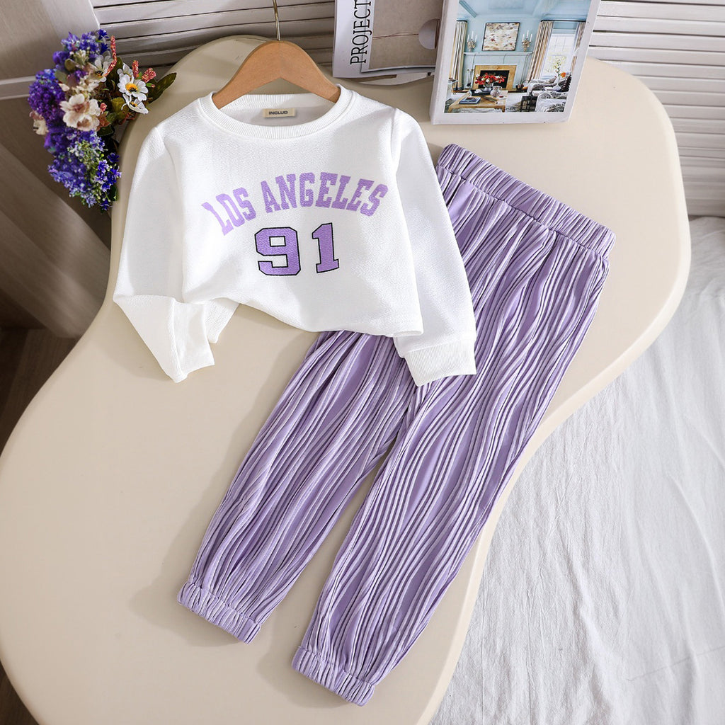 Girls Number Printed Sweatshirt with Lilac Textured Joggers Set Sets Lilac 3-4 Y